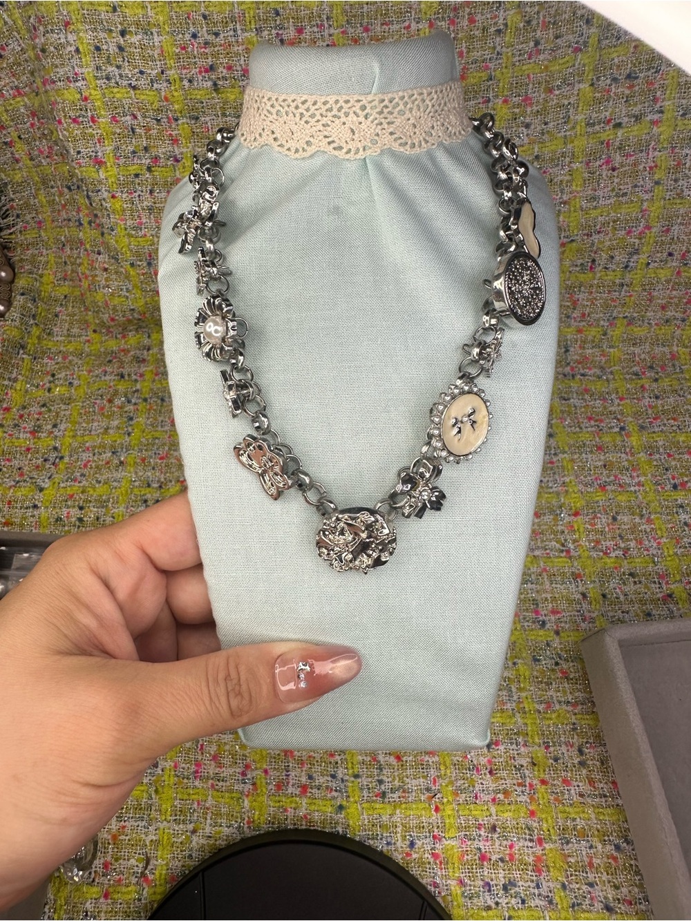 AA great Silver Charm Link Necklace with Cream Accents - Women Jewelry